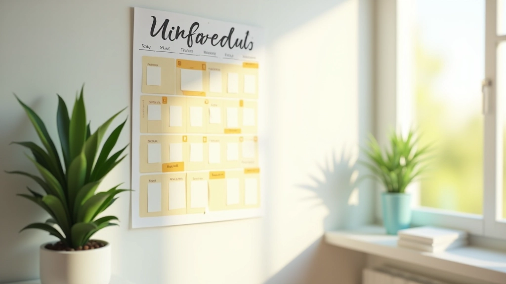 Calendario su parete con segnature colorate accanto a pianta verde e finestra luminosa