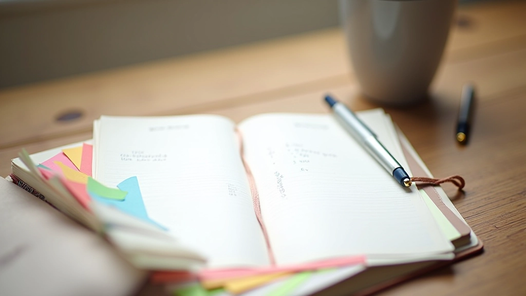 Quaderno con promemoria colorati e penna stilografica su tavolo di legno scuro con luce naturale