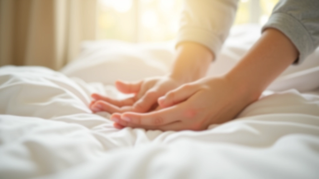 Dettaglio di mani che praticano stretching consapevole su materasso bianco, movimento lento e consapevole al mattino