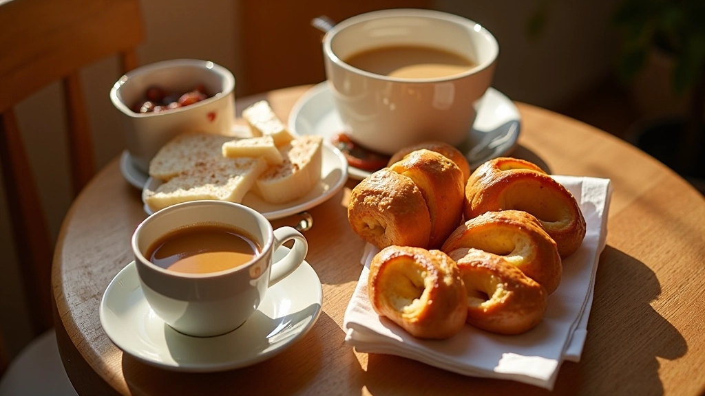 Colazione italiana tradizionale su tavolo in legno con caffè espresso e cornetti freschi al mattino