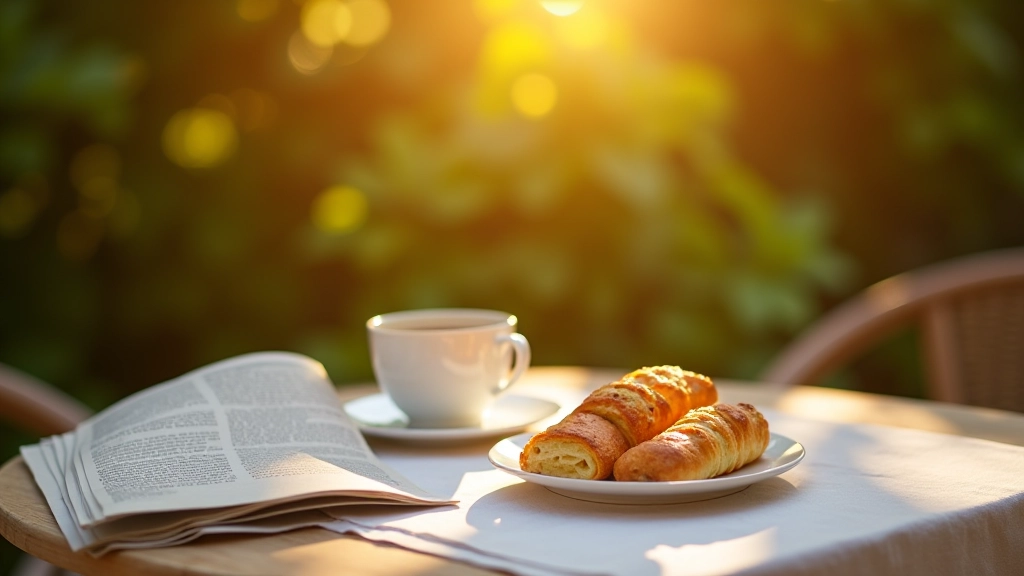 Tavolo da colazione italiano con caffè, cornetti e giornale su terrazza soleggiata al mattino