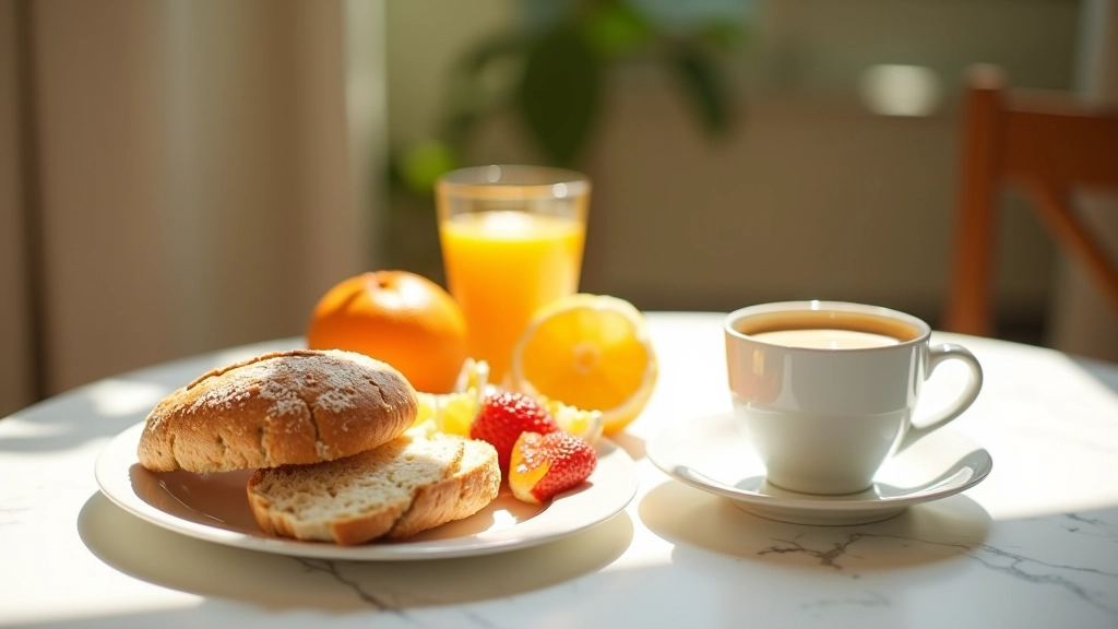 Tavolo da colazione con pane tostato, burro, marmellata e caffè caldo in tazza di ceramica