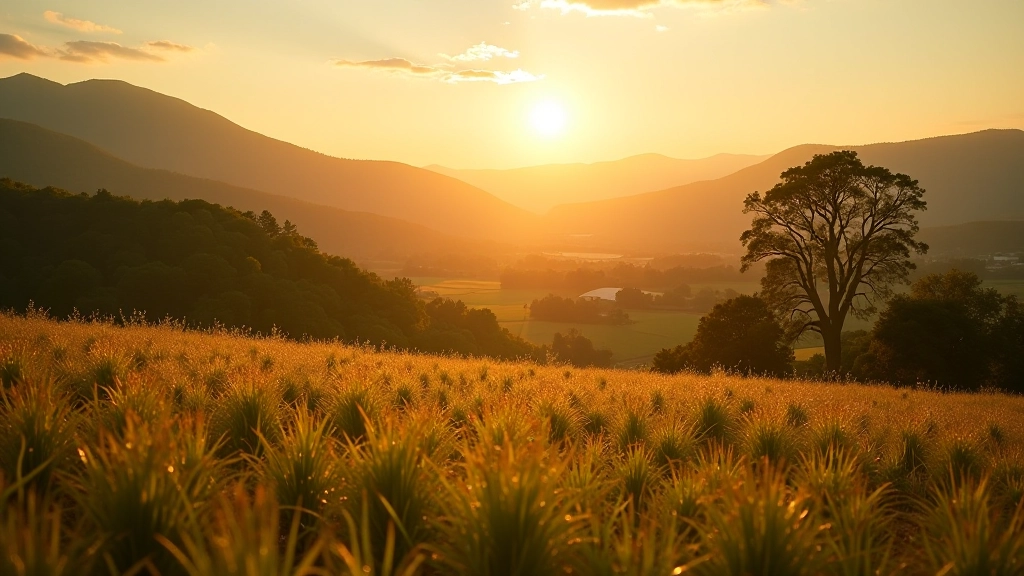 Paesaggio rurale italiano al tramonto con colline dolci e case sparse