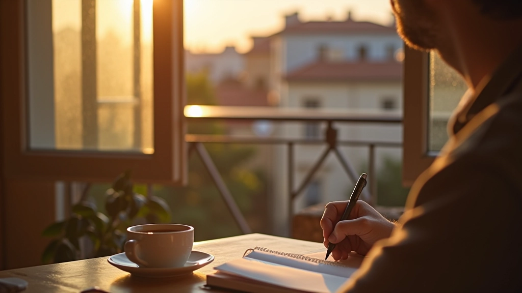 Persona che scrive nel diario al mattino con caffè