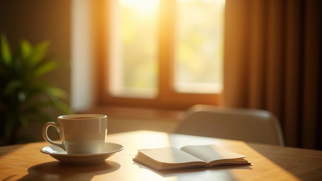 Una tazza di caffè e un diario su un tavolo di legno con la luce del mattino che entra dalla finestra