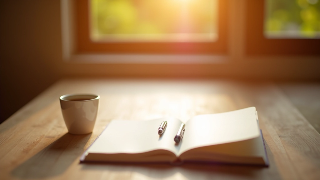 Quaderno aperto con penna accanto a tazza di caffè su scrivania minimalista al tramonto