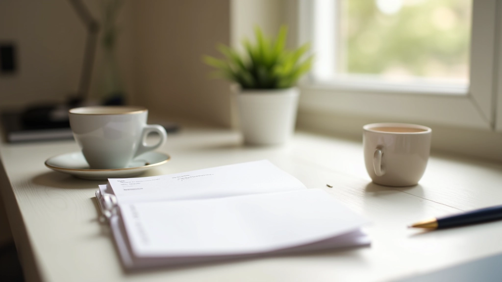 Scrivania ordinata con planner aperto, penna e tazza di caffè, luce naturale da finestra