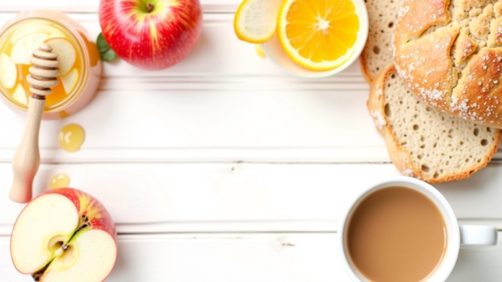 Composizione di ingredienti per colazione: mele rosse, pane integrale, caffè, miele in barattolo di vetro su tavolo bianco