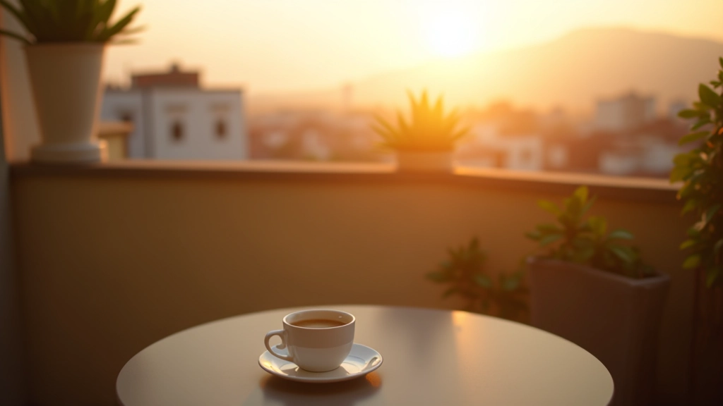Terrazza al tramonto con tazza di caffè vuota, piatto pulito e vista sulla città tranquilla
