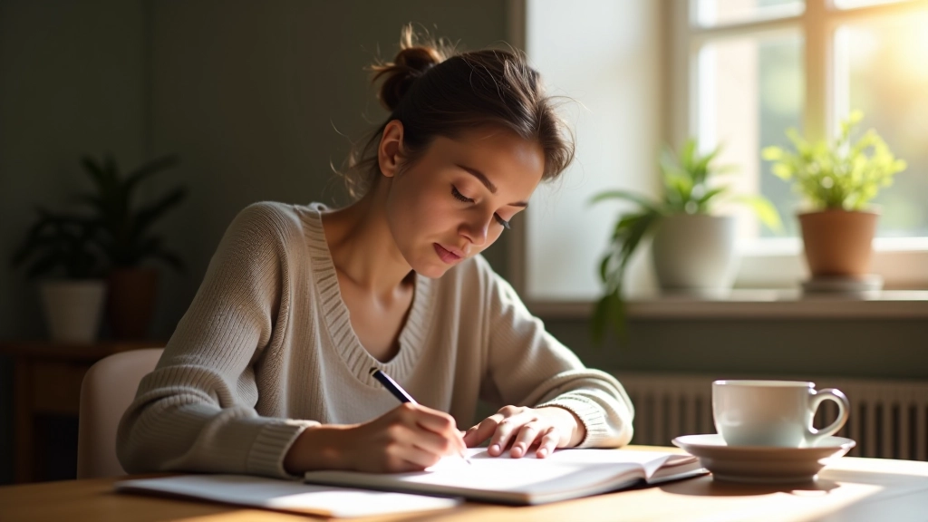 Mano che scrive su quaderno con caffè e piante verdi su scrivania luminosa al mattino