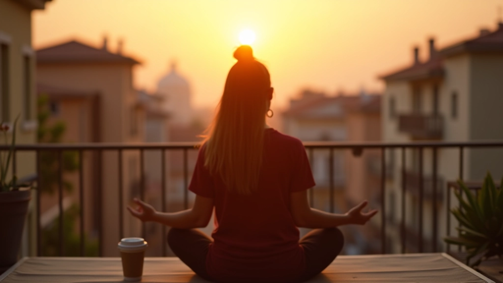 Persona che medita al mattino sul balcone con vista sulla città italiana