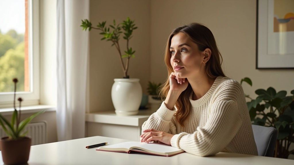 Persona che riflette guardando dalla finestra con quaderno aperto sulla scrivania, mattina serena