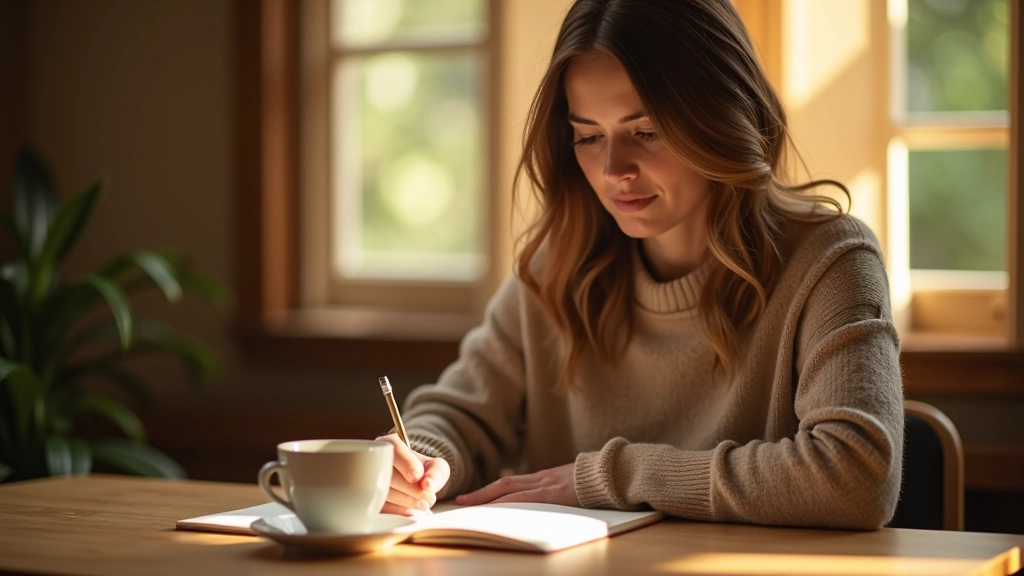 Persona che scrive in un diario al mattino con una tazza di caffè sulla scrivania, luce naturale dalla finestra, ambiente tranquillo