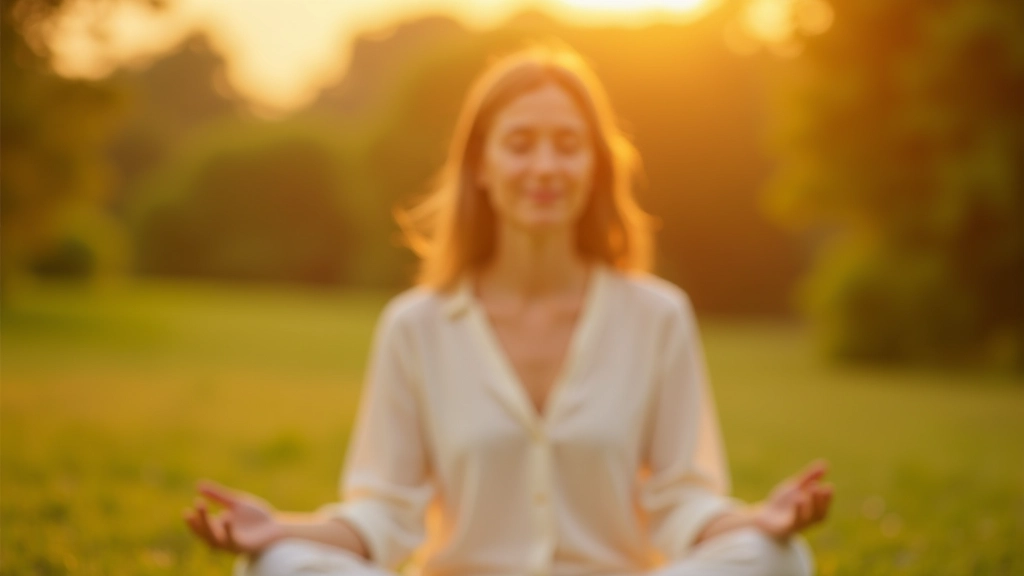 Persona che pratica meditazione in giardino all'alba con luci naturali calde