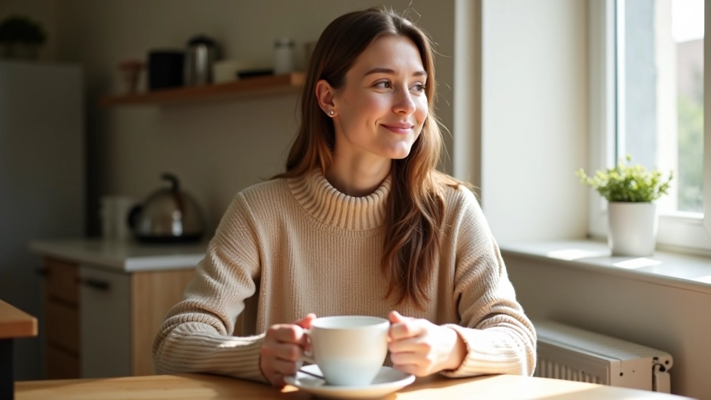 Persona seduta al tavolo della cucina che sorseggia caffè e guarda la finestra, luce naturale del mattino