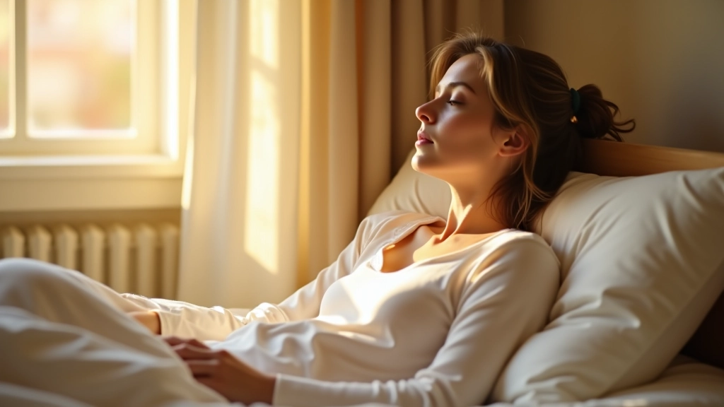 Persona che pratica esercizi di respirazione consapevole al letto al mattino, luce naturale che filtra dalla finestra