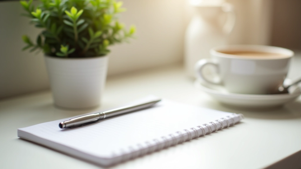 Area di lavoro organizzata con diario, penna e caffè per la pianificazione mattutina